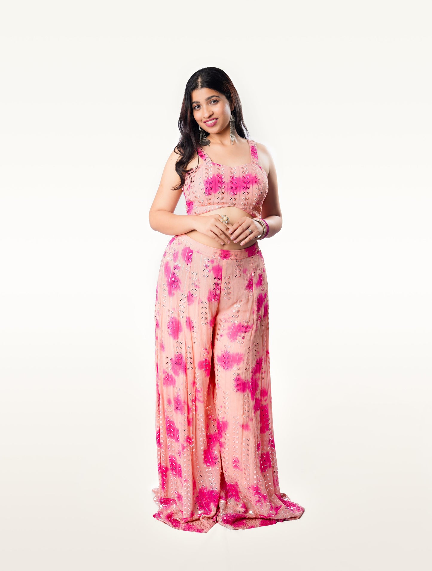 Gulabi Holi Pink Batik bustier with palazzo & georgette long jacket