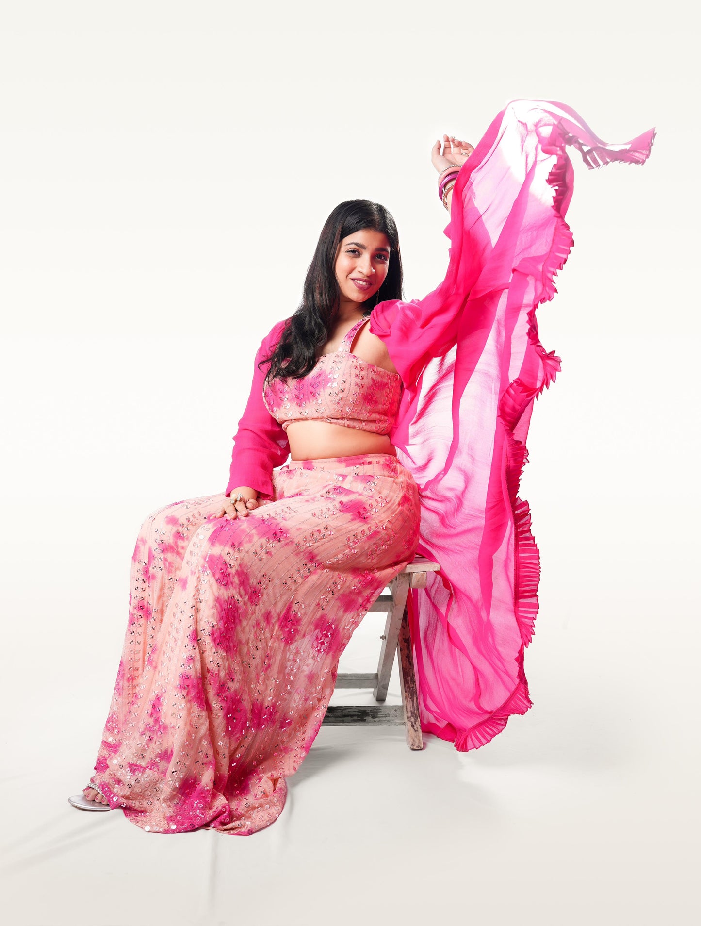 Gulabi Holi Pink Batik bustier with palazzo & georgette long jacket